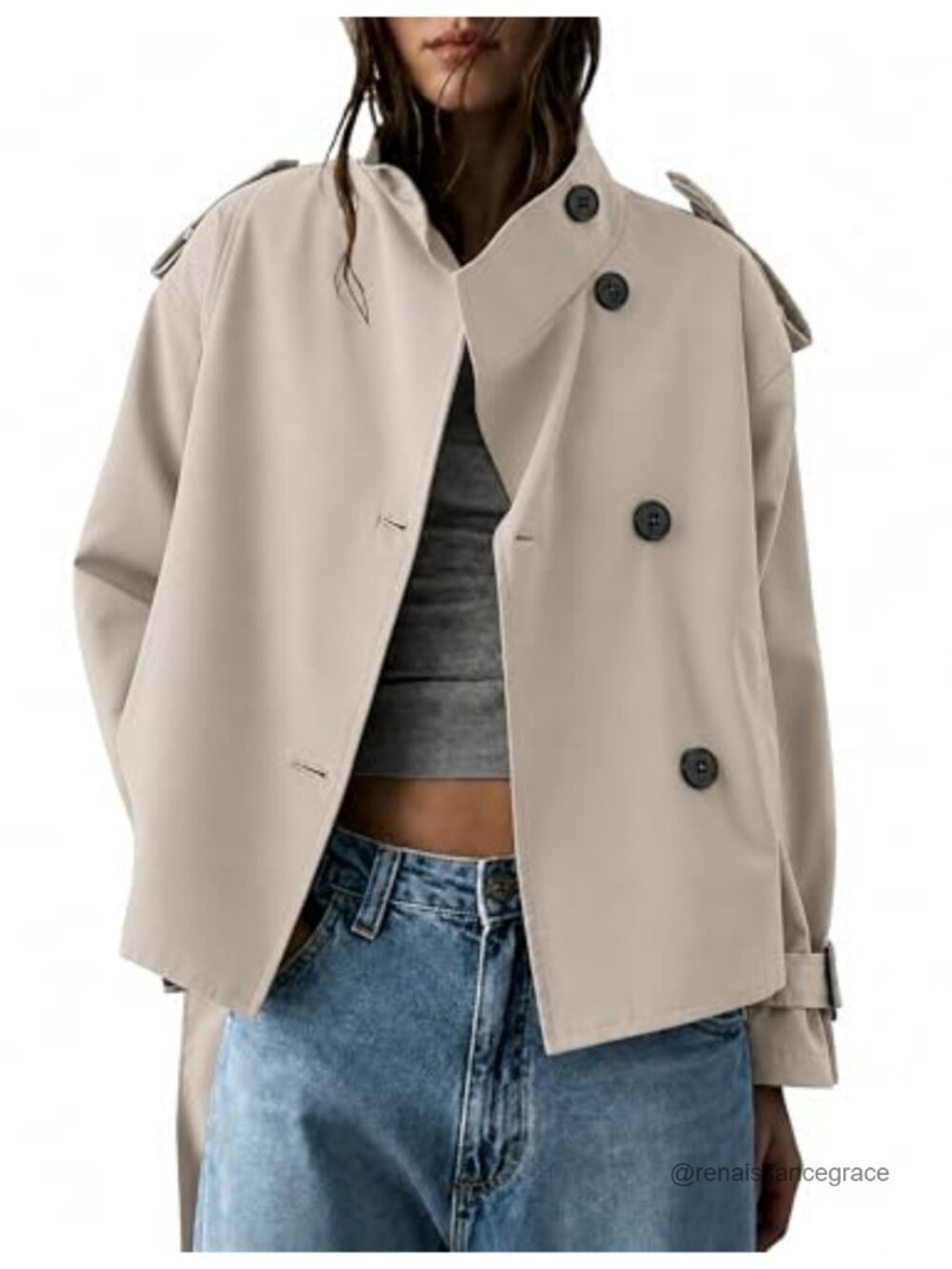 Vintage Cropped Trench Coat Belted Stand Collar Long Sleeve Outerwear